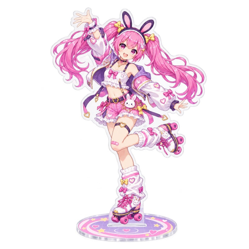 Custom clear acrylic standee sample featuring a pink bunny character in a pink and purple fantasy outfit
