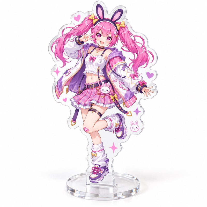 Custom clear acrylic standee sample featuring a pink bunny character in a purple outfit