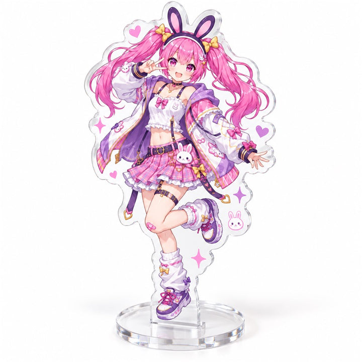 Custom clear acrylic standee sample featuring a pink bunny character in a purple outfit