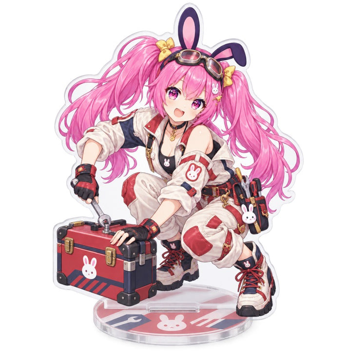 Custom clear acrylic standee sample featuring a pink bunny character seated with a red toolbox