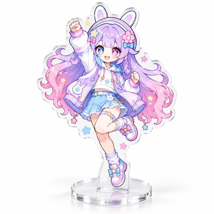 Custom clear acrylic standee sample featuring a purple bunny character in a blue outfit
