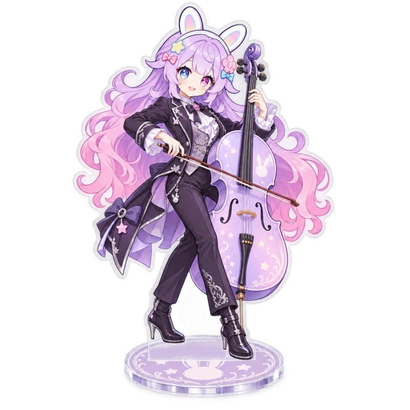 Custom clear acrylic standee sample featuring a purple bunny character playing cello