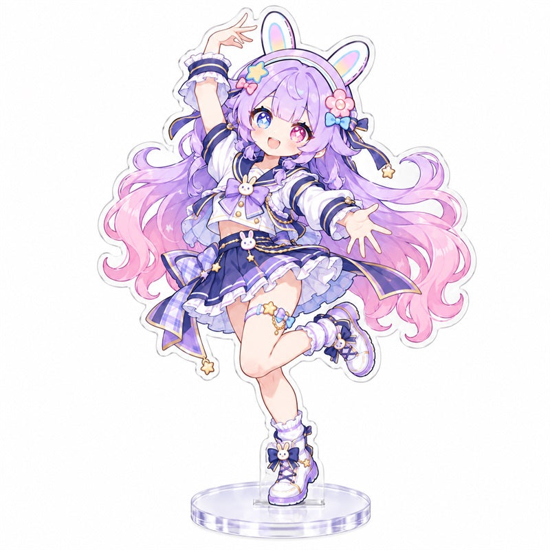 Custom clear acrylic standee sample featuring a purple bunny character in a galaxy-themed dress