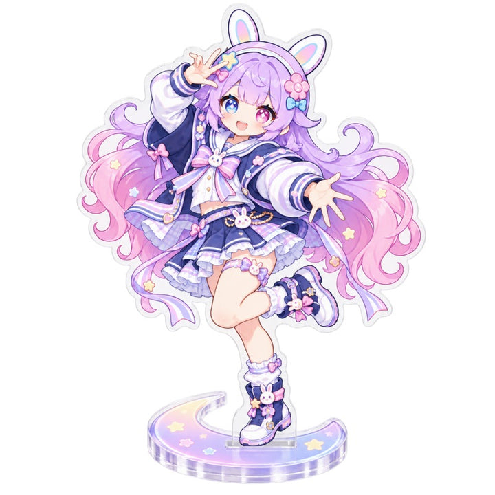 Custom clear acrylic standee sample featuring a purple bunny character in a navy dress