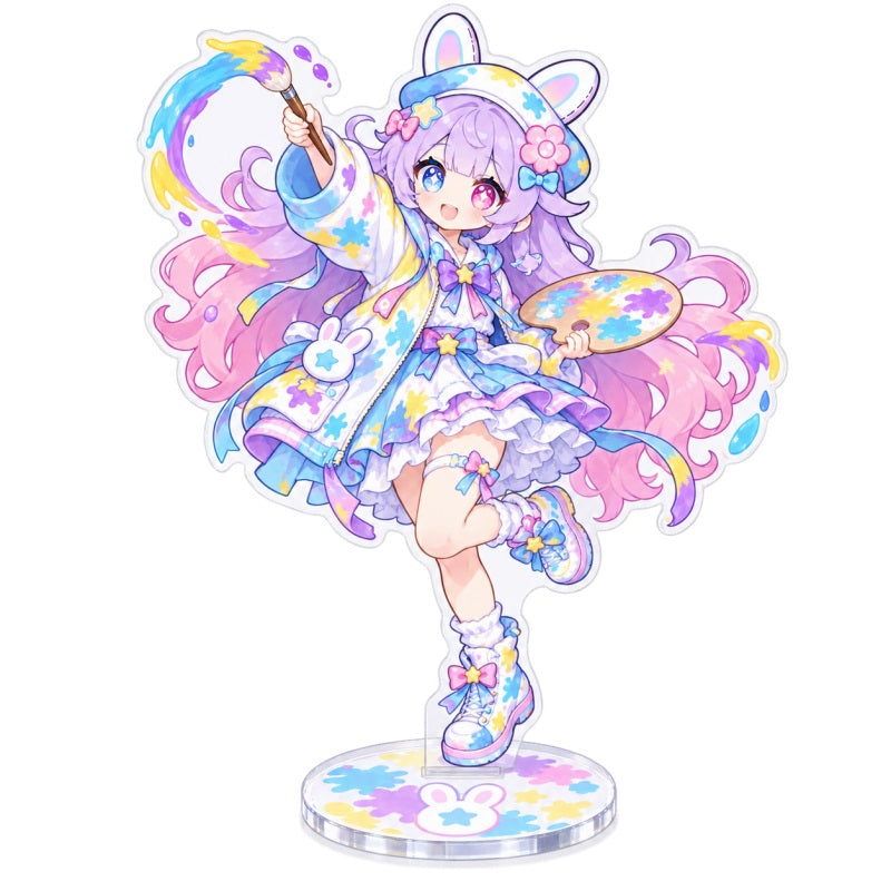 Custom clear acrylic standee sample featuring a purple bunny character with a colorful rainbow motif