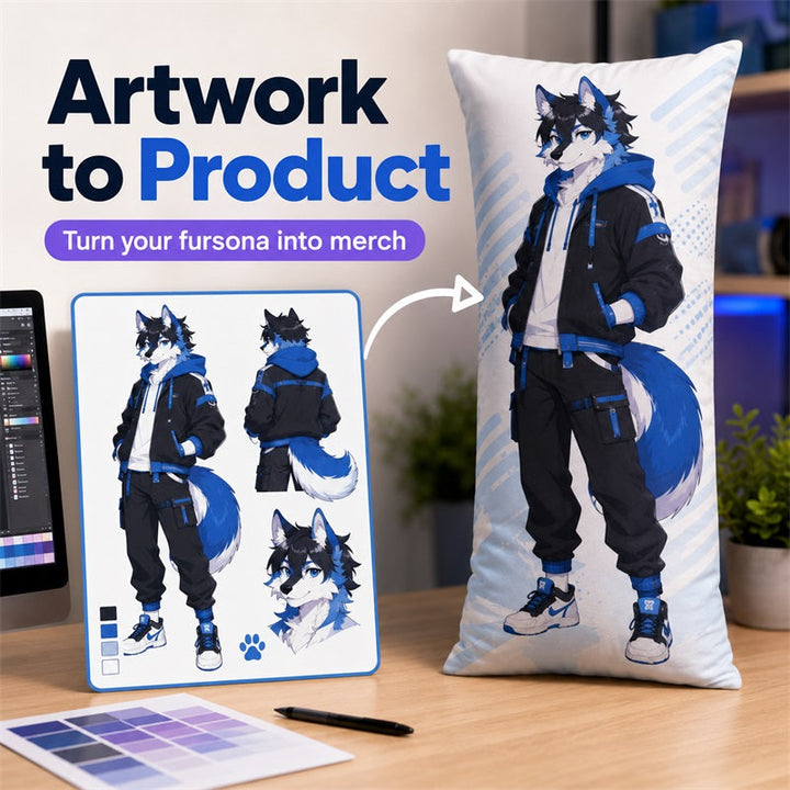 Custom fursona artwork transformed into a printed furry dakimakura body pillow cover