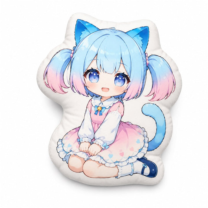 Custom irregular shaped anime pillow with seated blue-haired cat girl design