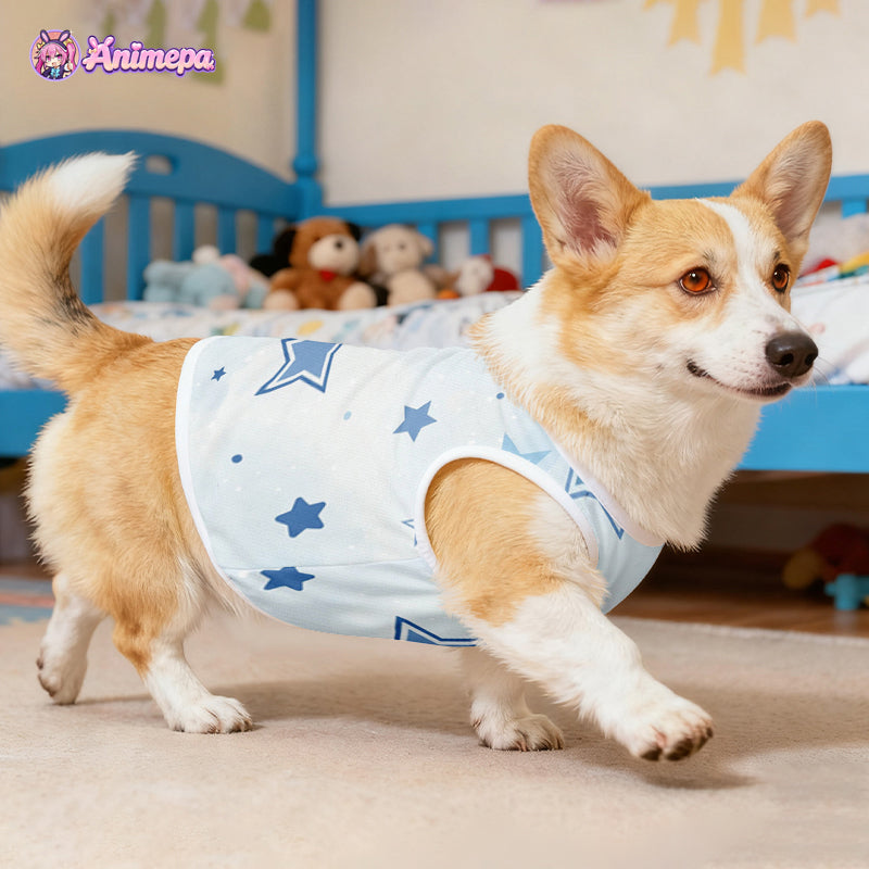 Custom blue star print mesh pet shirt modeled by a corgi