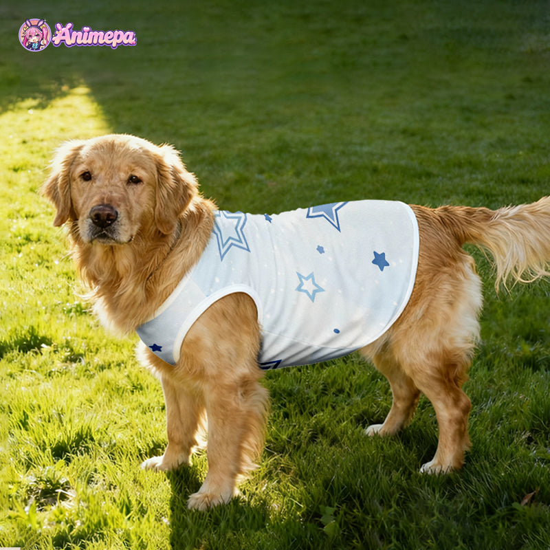Custom blue star print mesh pet shirt modeled by a golden retriever outdoors