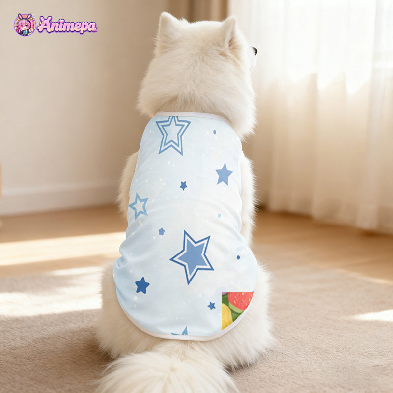 Back view of custom blue star print mesh pet clothing modeled by a cat