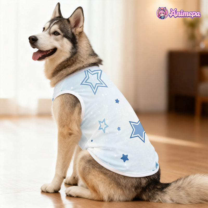 Side view of custom blue star print mesh pet vest modeled by a husky