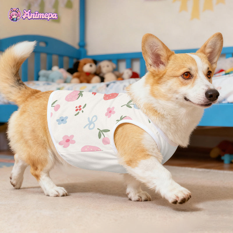 Custom floral print mesh pet shirt modeled by a corgi