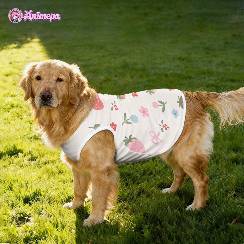 Custom floral print mesh pet shirt modeled by a golden retriever outdoors