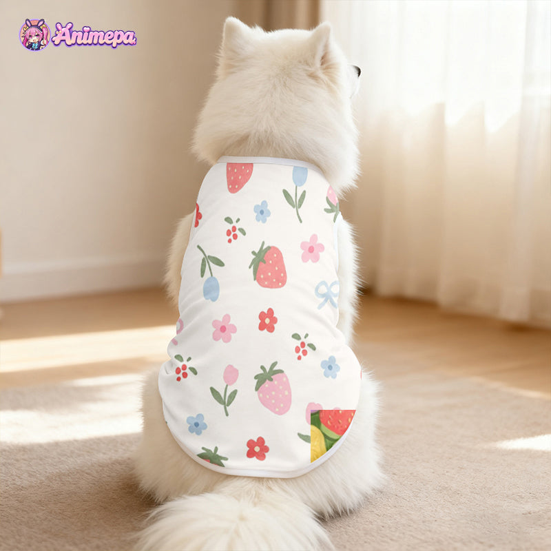 Back view of custom floral print mesh pet clothing modeled by a cat