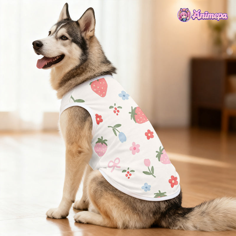 Side view of custom floral print mesh pet vest modeled by a husky