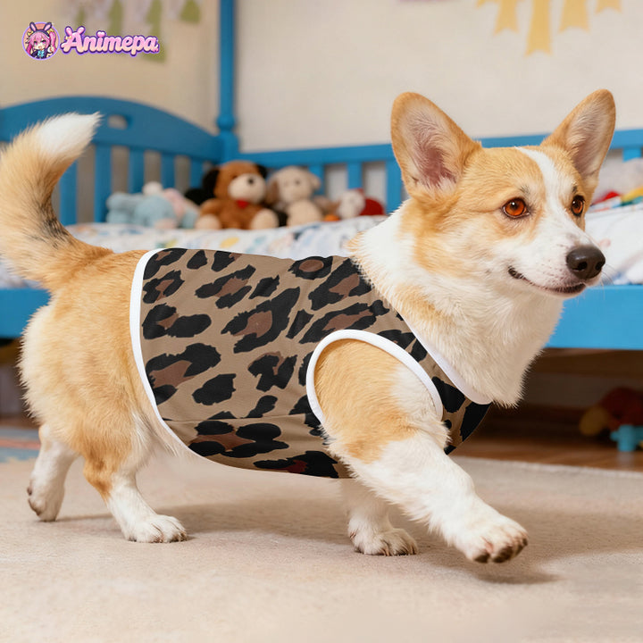 Custom leopard print mesh pet shirt modeled by a corgi