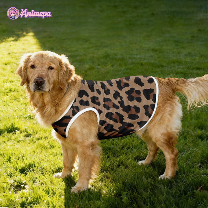 Custom leopard print mesh pet shirt modeled by a golden retriever outdoors