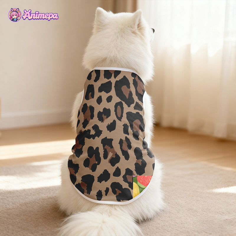 Back view of custom leopard print mesh pet clothing modeled by a cat