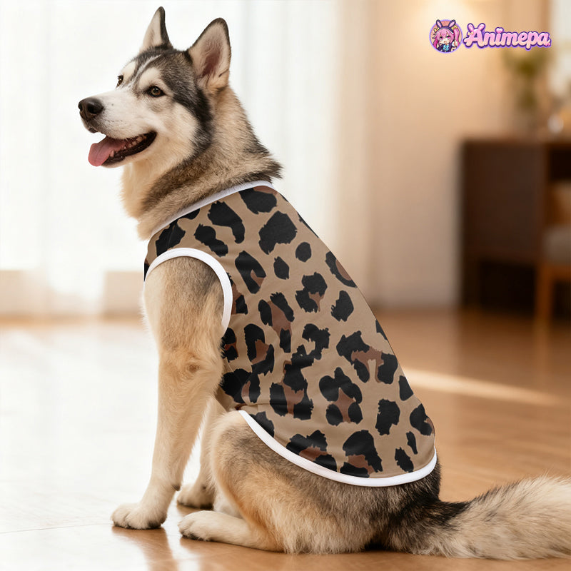 Side view of custom leopard print mesh pet vest modeled by a husky