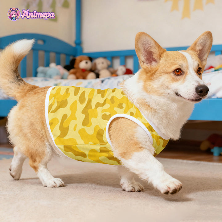 Custom yellow camouflage print mesh pet shirt modeled by a corgi