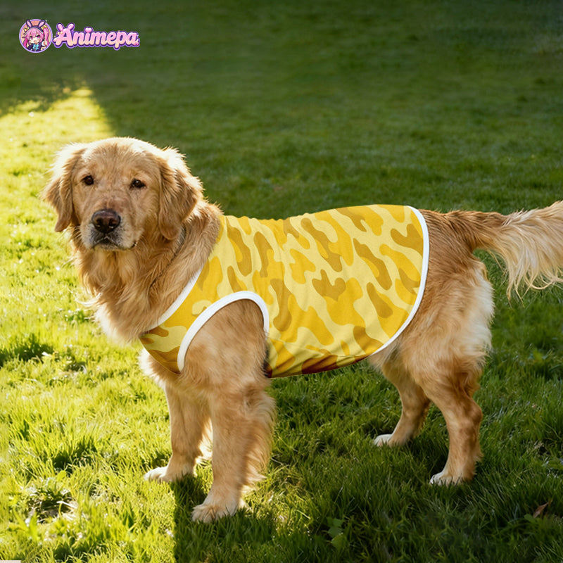Custom yellow camouflage print mesh pet shirt modeled by a golden retriever outdoors