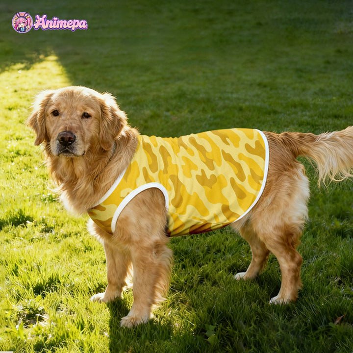 Custom yellow camouflage print mesh pet shirt modeled by a golden retriever outdoors