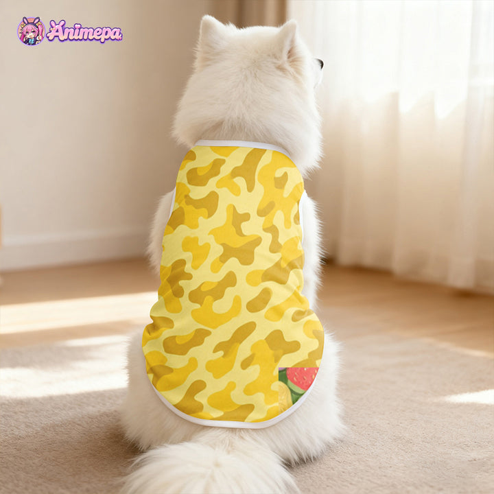 Back view of custom yellow camouflage print mesh pet clothing modeled by a cat
