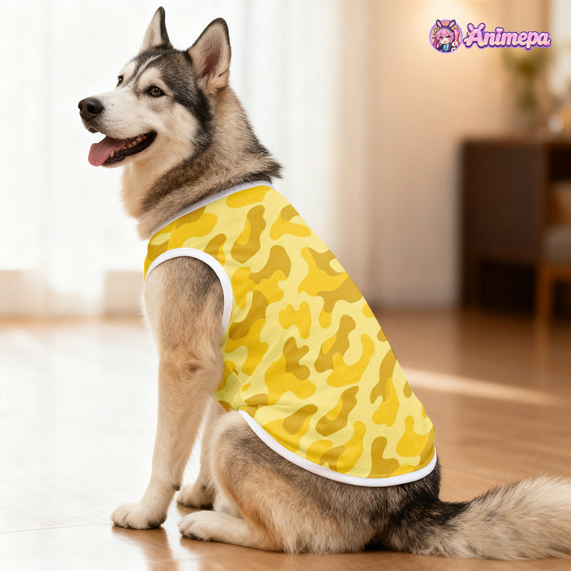 Side view of custom yellow camouflage print mesh pet vest modeled by a husky