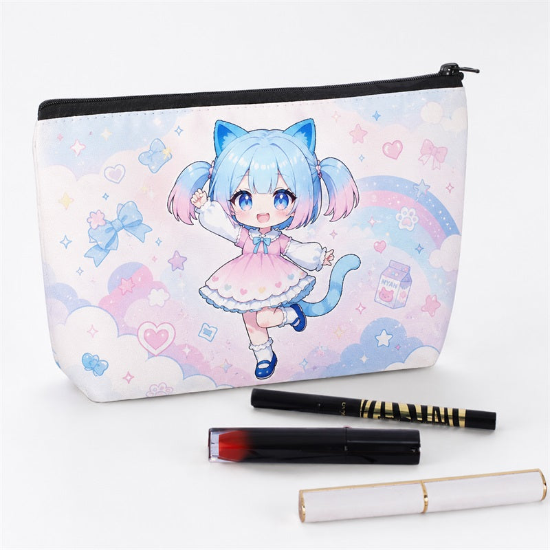 Custom travel cosmetic bag with blue-haired cat girl and pastel cloud design