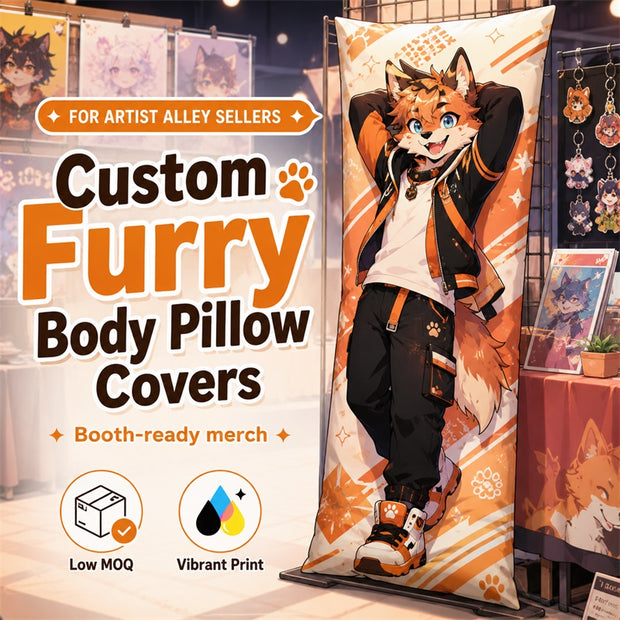 Custom furry body pillow cover displayed as booth-ready merchandise for Artist Alley sellers