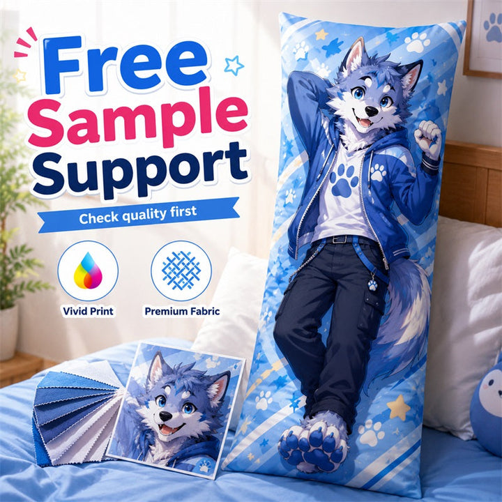 Furry dakimakura sample support with fabric swatches and vivid printed blue wolf artwork