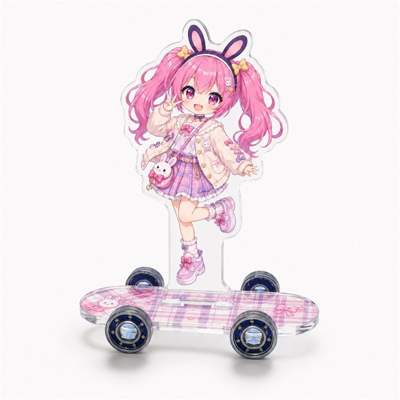 Custom holographic character skateboard standee with pink bunny-girl artwork