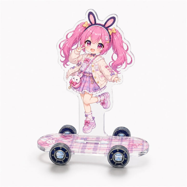Custom holographic character skateboard standee with pink bunny-girl artwork