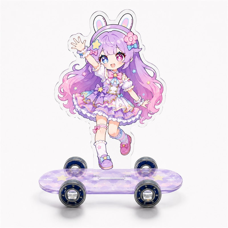 Holographic acrylic skateboard collector standee with purple bunny-girl design