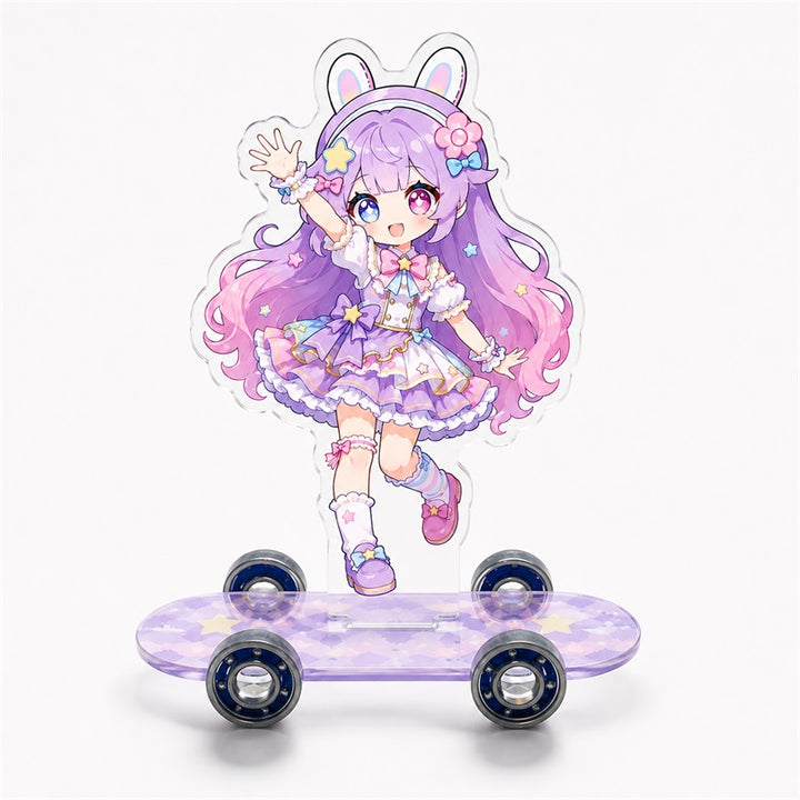 Holographic acrylic skateboard collector standee with purple bunny-girl design