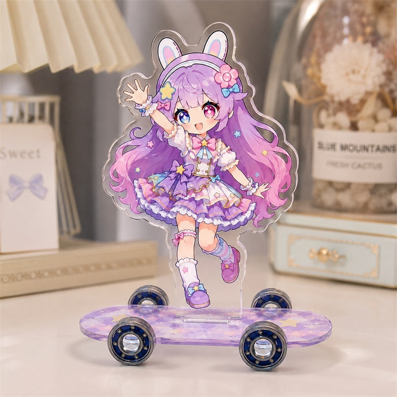 Reflective acrylic skateboard character display in a collector shelf scene