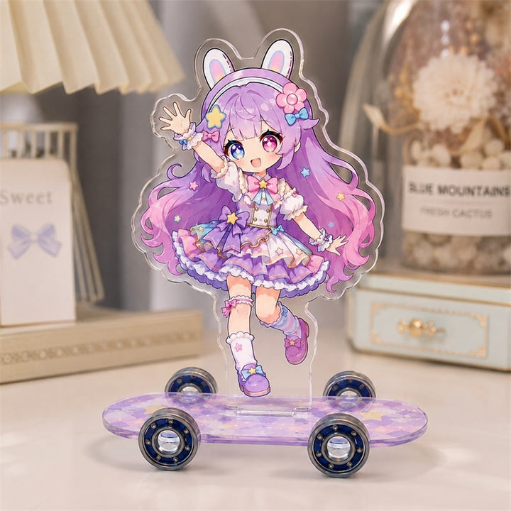 Reflective acrylic skateboard character display in a collector shelf scene