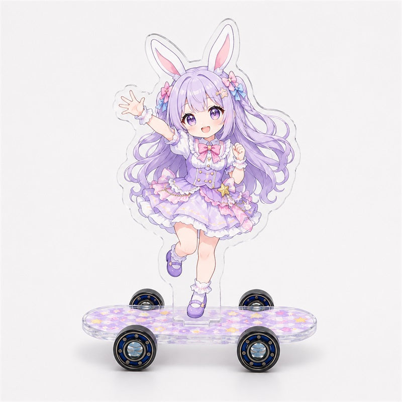 Custom holographic skateboard merch standee with purple anime character