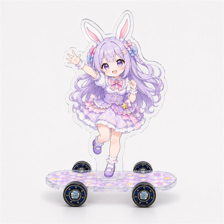 Custom holographic skateboard merch standee with purple anime character