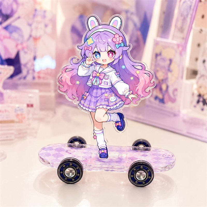 Holographic acrylic skateboard display with purple character in a pastel desk scene