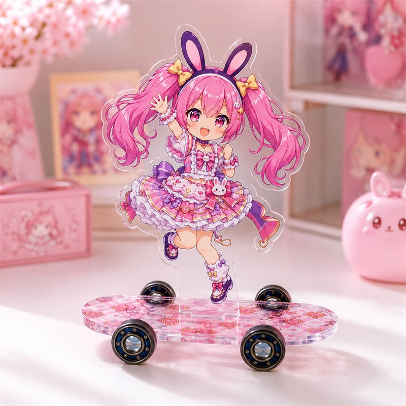 Reflective holographic skateboard acrylic display with pink anime character