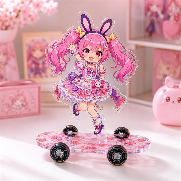 Reflective holographic skateboard acrylic display with pink anime character