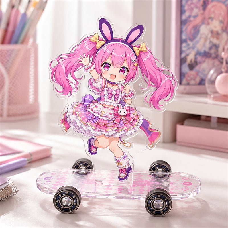 Holographic acrylic skateboard standee with pink character in an Artist Alley desk scene