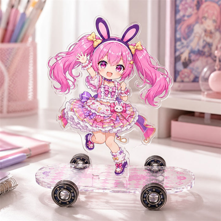 Holographic acrylic skateboard standee with pink character in an Artist Alley desk scene