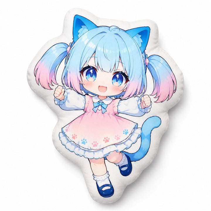 Irregular anime pillow cover with blue-haired cat girl and paw print dress artwork