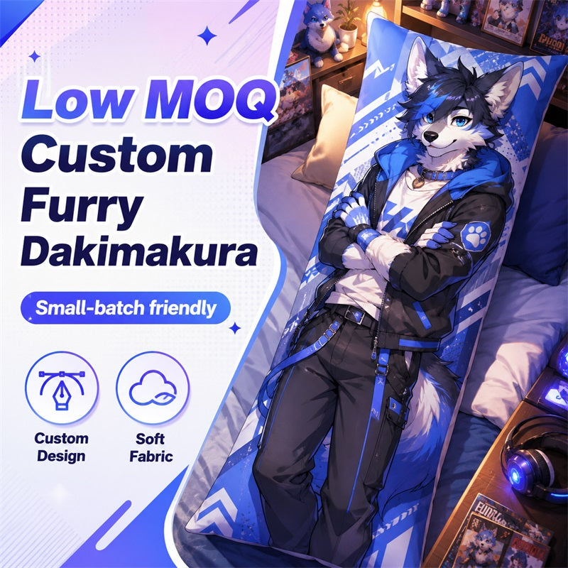 Low MOQ custom furry dakimakura featuring a blue anthro character in a creator room