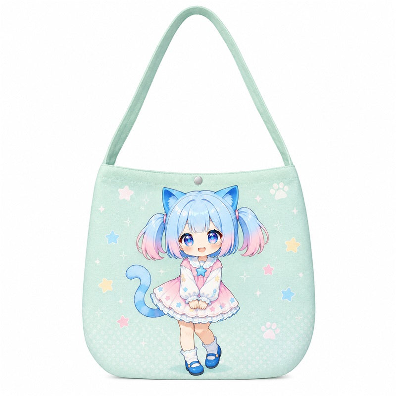 Personalized mint green chibi hobo bag with cute cat girl artwork and pastel stars