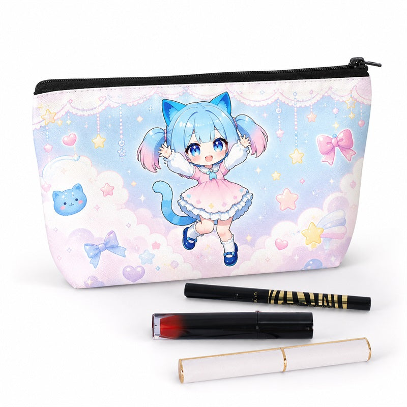 Personalized cosmetic pouch featuring a pastel cat girl, stars and bow pattern