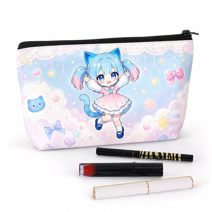 Personalized cosmetic pouch featuring a pastel cat girl, stars and bow pattern