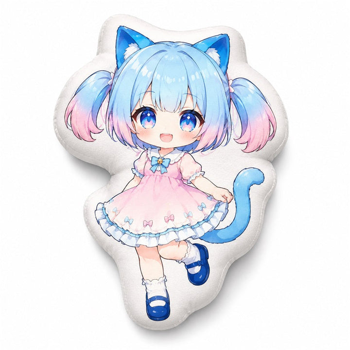 Personalized die-cut pillow cover shaped around a standing anime cat girl
